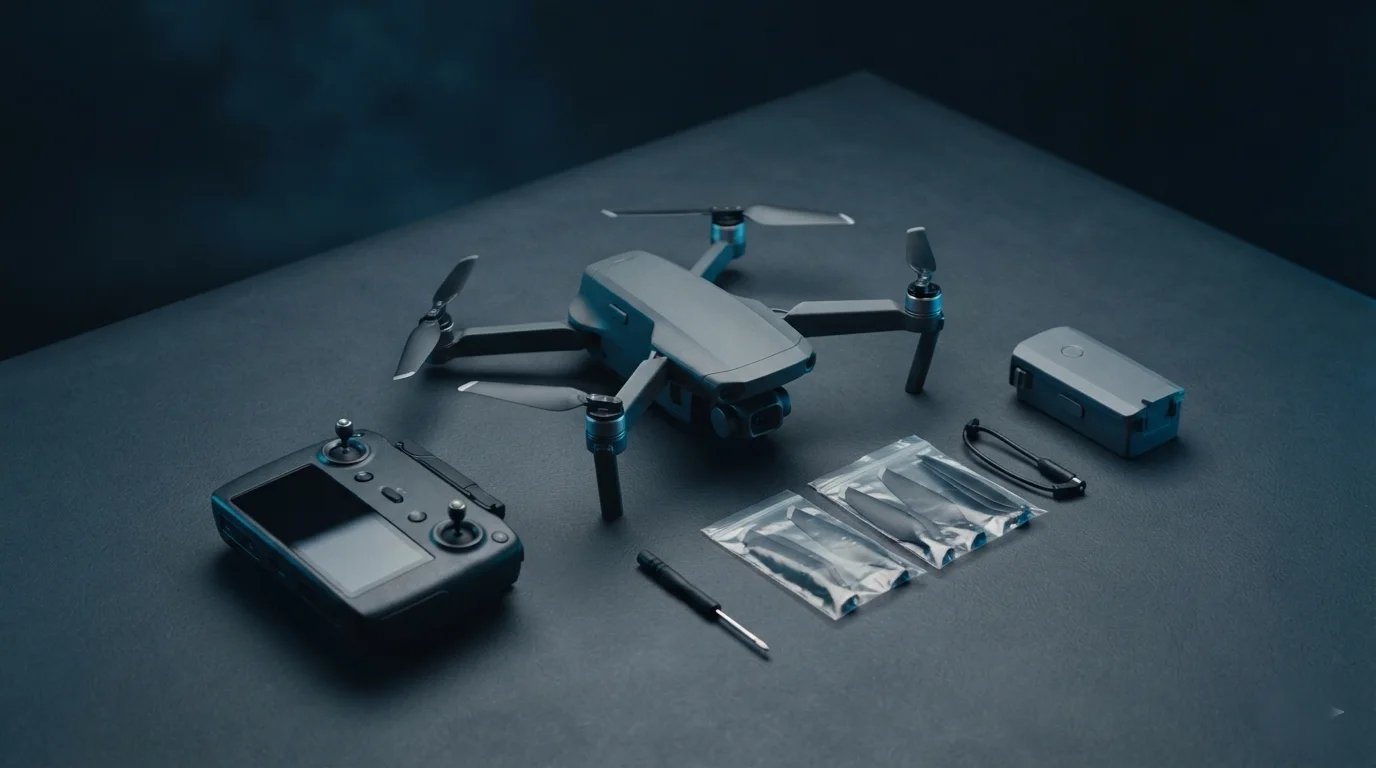 DJIドローン本体・送信機・付属品を並べた検品レイアウト